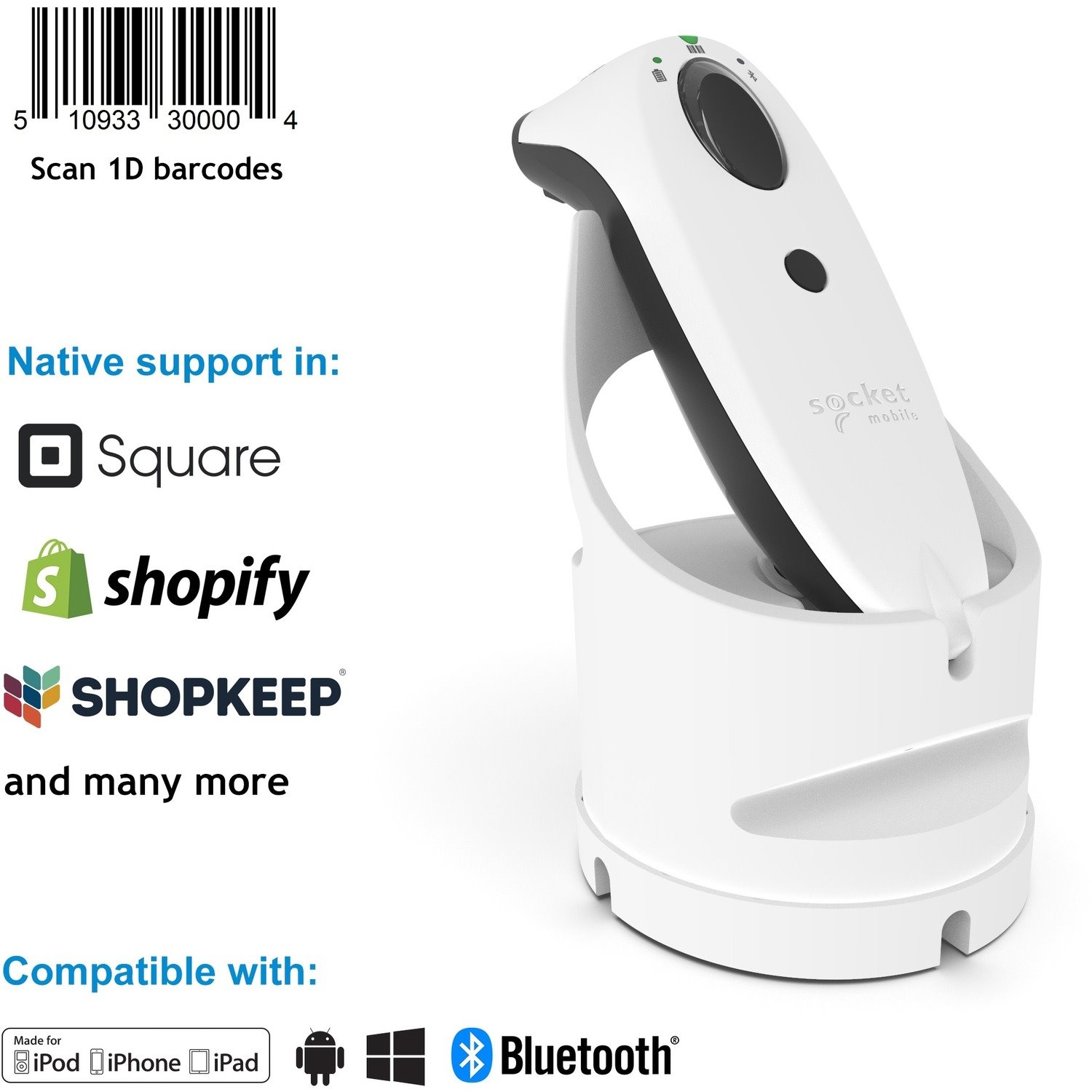 Socket Mobile SocketScan S730 Handheld Barcode Scanner - Wireless Connectivity - White