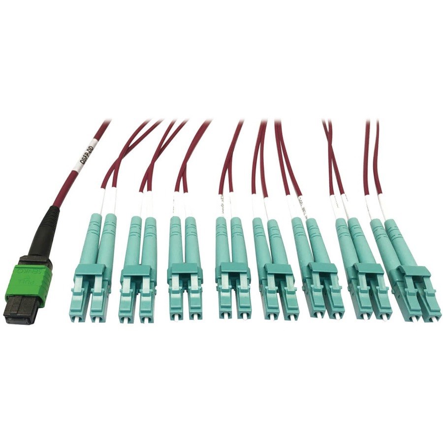 Eaton Tripp Lite Series 400G Multimode 50/125 OM4 Plenum Fiber Optic Breakout Cable, 16F MTP/MPO-APC to (x4) LC Duplex (F/M), Magenta, 3 m