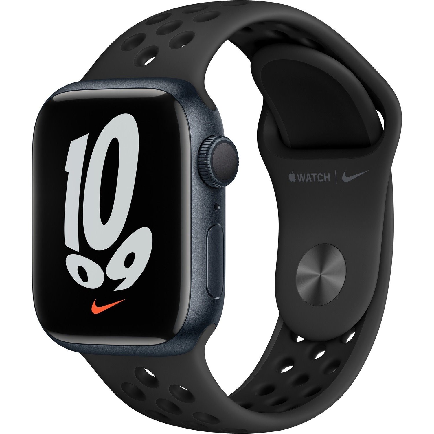 Apple Watch Series 7 Nike Smart Watch - 41 mm Case Height - 35 mm Case Width - Midnight Case Color - Anthracite, Black Band Color - Glass Body Material - Aluminium Case Material - Fluoroelastomer Band Material - Wireless LAN