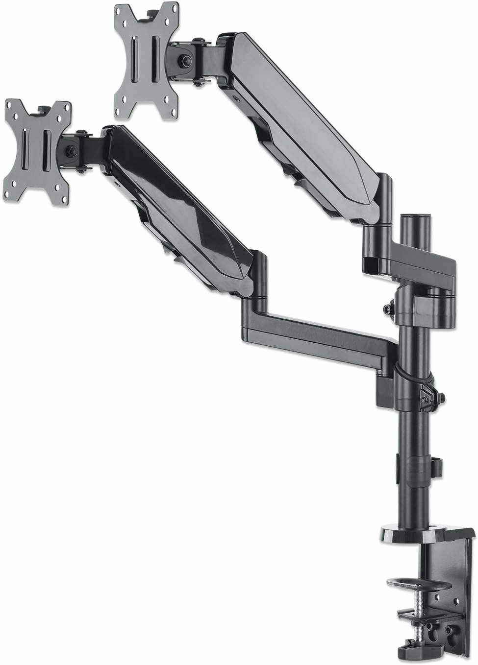 Dual Desk Mount for TV & Monitors (Full Motion Gas Spring), For screens 10" to 27" , Clamp or Grommet Assembly, VESA compatability: 75x75 and 100x100mm - check the dimensions of the four mounting holes on back of screen to ensure it fits, Max 8kg (each)