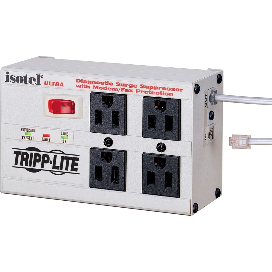 Eaton Tripp Lite Series Isobar 4-Outlet Surge Protector, 6 ft. Cord with Right-Angle Plug, 3300 Joules, Diagnostic LEDs, Tel/Fax/Modem, Metal