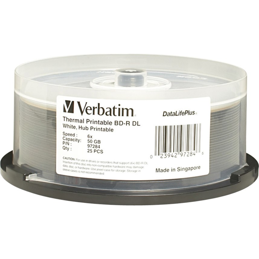 Verbatim BD-R DL 50GB 8X, White Label, DataLife+, White Thermal Hub Printable, Hard Coat, 25PK Spindle