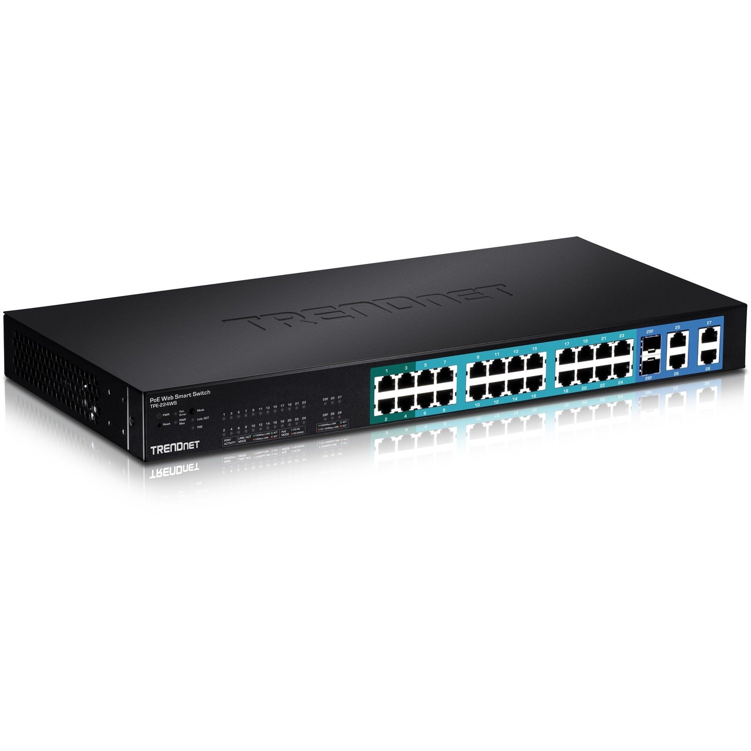 TRENDnet 28-Port 10/100Mbps Web Smart PoE+ Switch, 20 x PoE Ports, 4 x PoE+ Ports, 2 x Gigabit Ports, 2 x Shared Gigabit Ports (RJ-45 or SFP), Rack Mountable, Lifetime Protection, Black, TPE-224WS