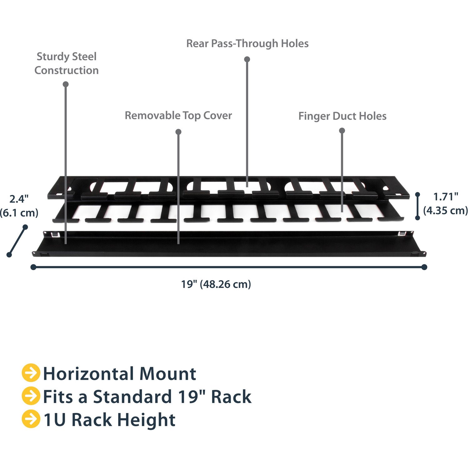 StarTech.com 1U Horizontal Finger Duct Rack Cable Management Panel with Cover