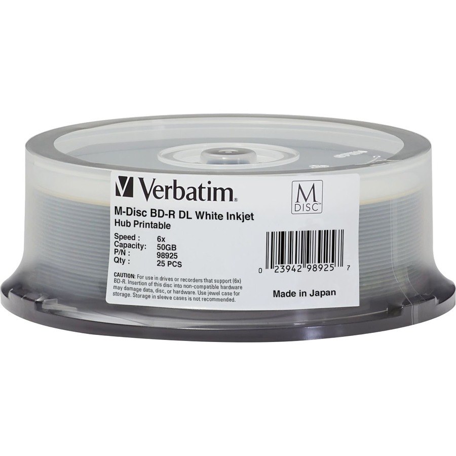 Verbatim M DISC BD-R DL - 8x - 50 GB - hite Inkjet Printable, Hub Printable - 25pk Spindle