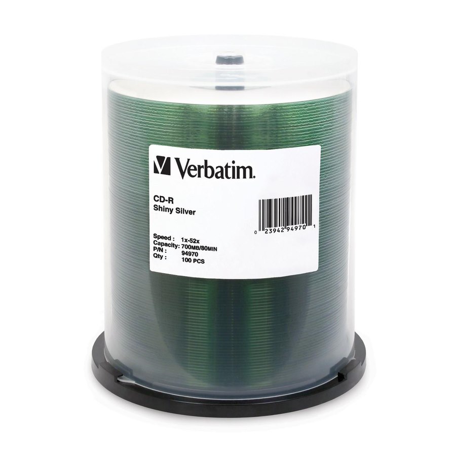 Verbatim CD-R 700MB 52X Shiny Silver Silk Screen Printable - 100pk Spindle