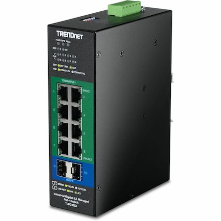 TRENDnet 10-Port Industrial Gigabit L2 Managed PoE+ DINRail Switch 24 - 57V, TI-PG103i, 8 x Gigabit PoE+ Ports, 2 x SFP Ports, 20Gbps, IP40, Ethernet Splitter, NDAA & TAA Compliant