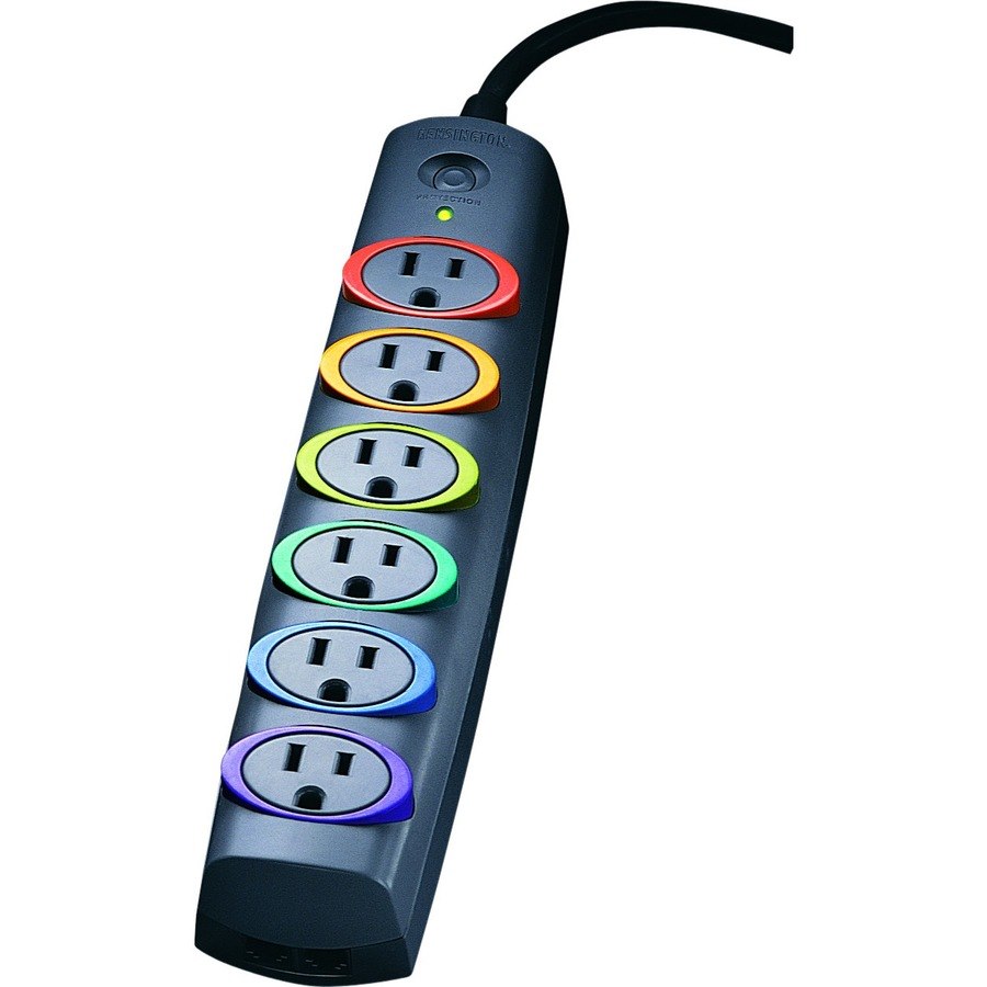 Kensington&reg; SmartSockets&reg; Surge Strip, 370 Joules, 6' Cord, 6 Power & 1 Phone Outlet, Color Coded