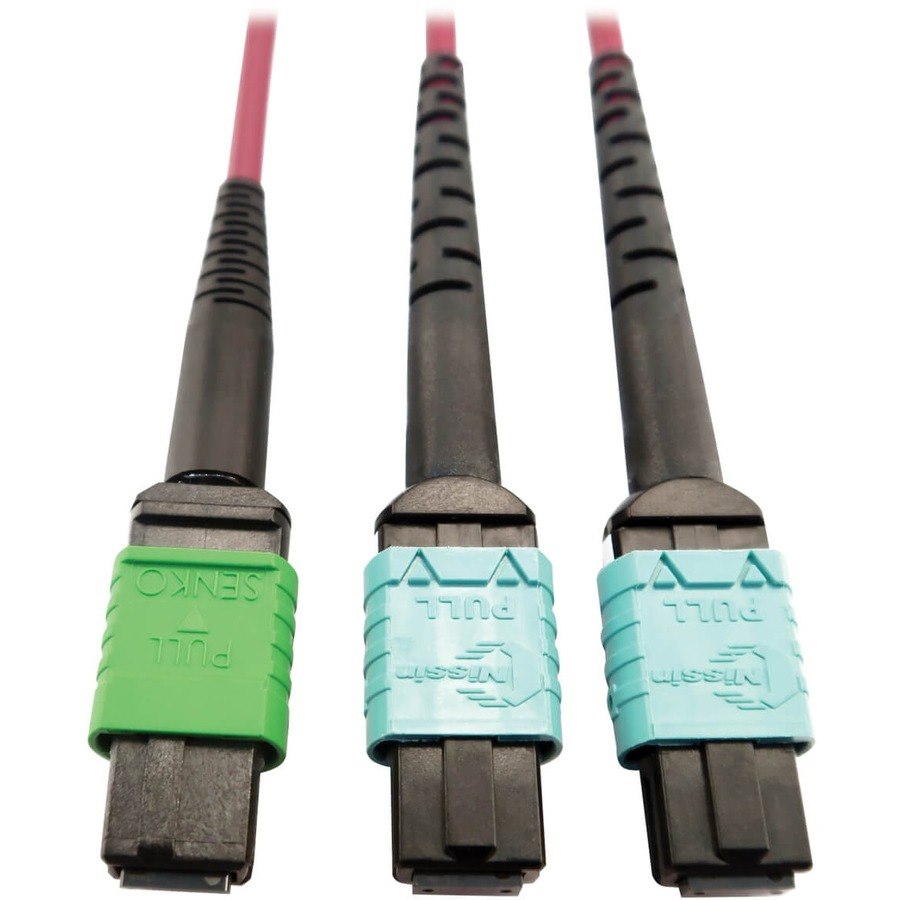 Eaton Tripp Lite Series 400G Multimode 50/125 OM4 Plenum Fiber Optic Cable, 16F MTP/MPO-APC to (x2) 12F MTP/MPO-UPC (F/F), Magenta, 5 m