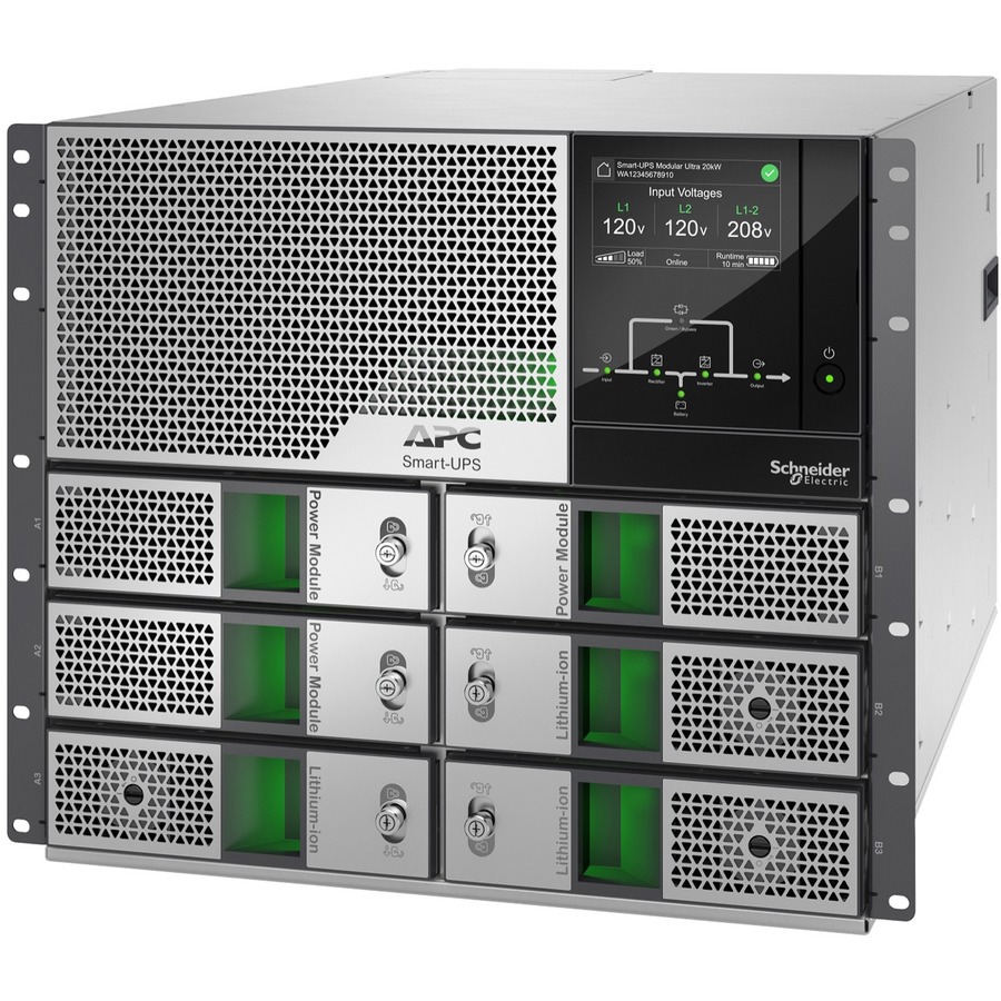 APC Smart-UPS Modular Ultra, On-Line, 15kW scalable to 20kW N+1, Lithium-ion, Rackmount 9U, 208/240V, Network Management, Extended runtime, W/rail kit