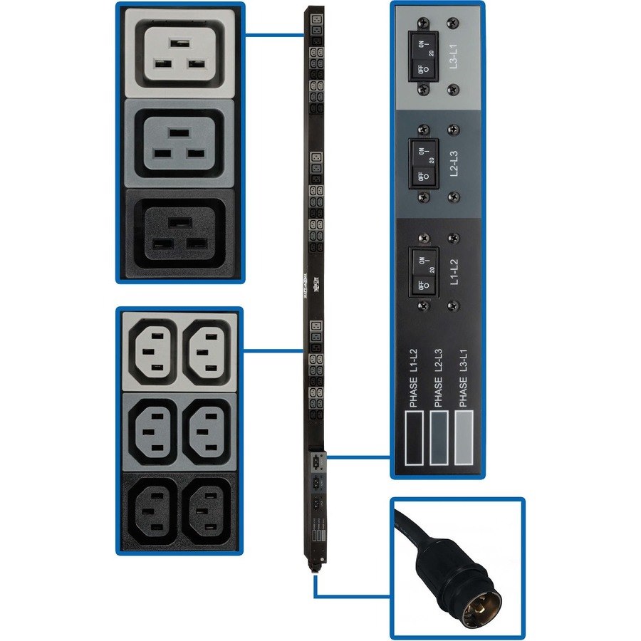 Tripp Lite by Eaton 12.6kW 208V 3-Phase Basic PDU - 45 Outlets (36 C13, 9 C19), Hubbell 50A CS8365C Input, 6 ft. Cord, 70 in. 0U