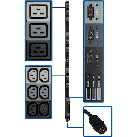 Tripp Lite by Eaton 12.6kW 208V 3-Phase Basic PDU - 45 Outlets (36 C13, 9 C19), Hubbell 50A CS8365C Input, 6 ft. Cord, 70 in. 0U
