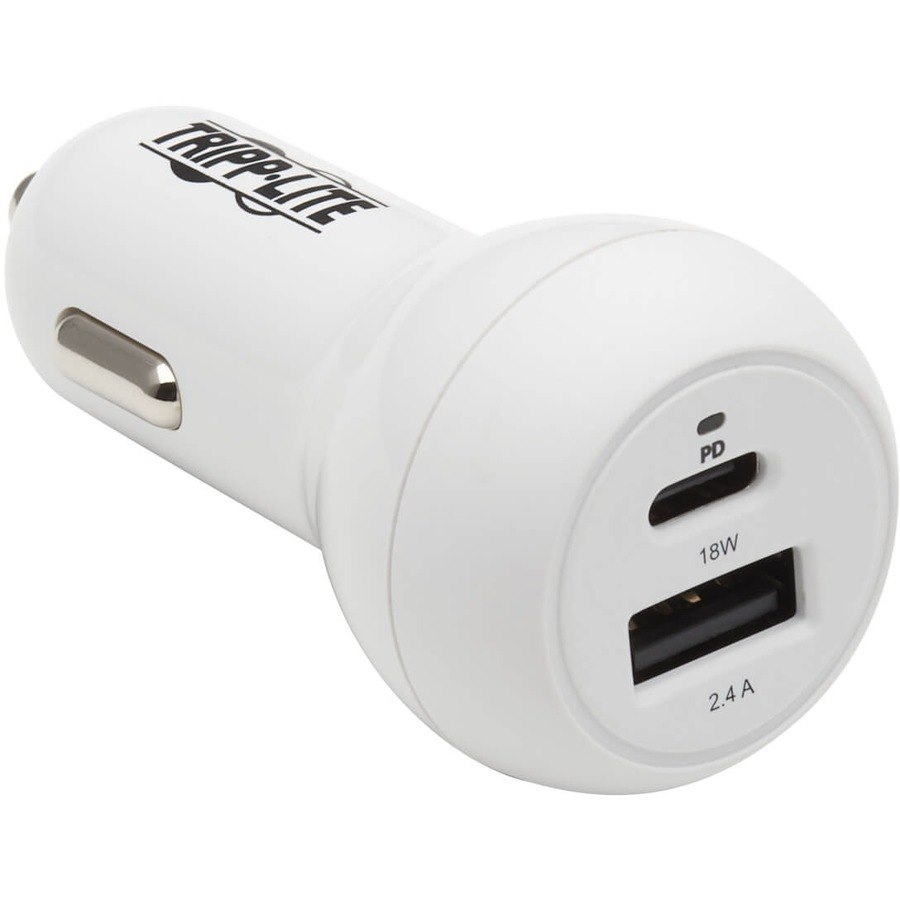 Eaton Tripp Lite Series Dual-Port USB Car Charger - 30W PD Charging, USB-C (18W) & USB-A (12W), USB-C to Lightning Cable, White