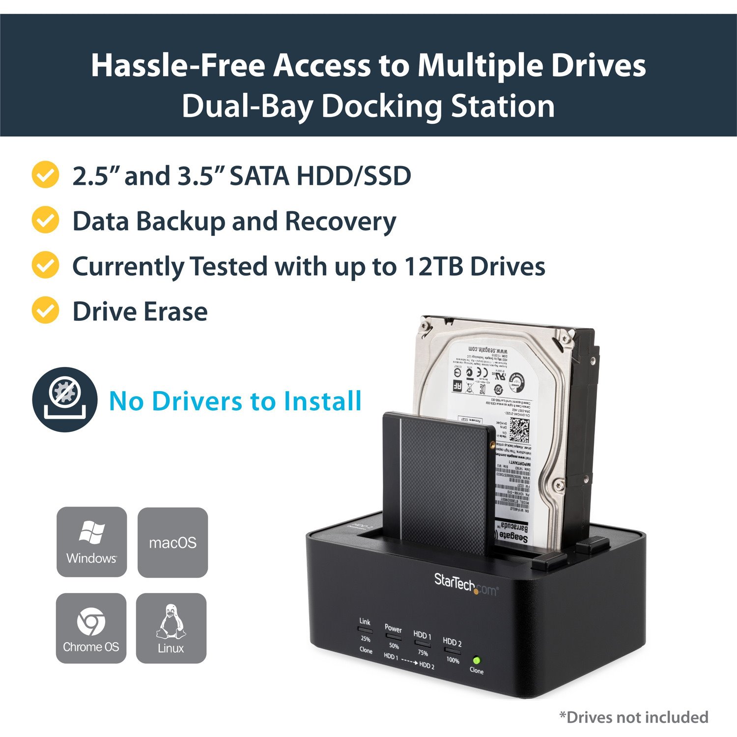 StarTech.com Dual Bay Hard Drive Duplicator and Eraser, External HDD/SSD Cloner / Copier / Wiper Tool, USB 3.0 to SATA Docking Station