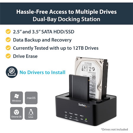 StarTech.com Dual Bay Hard Drive Duplicator and Eraser, External HDD/SSD Cloner / Copier / Wiper Tool, USB 3.0 to SATA Docking Station