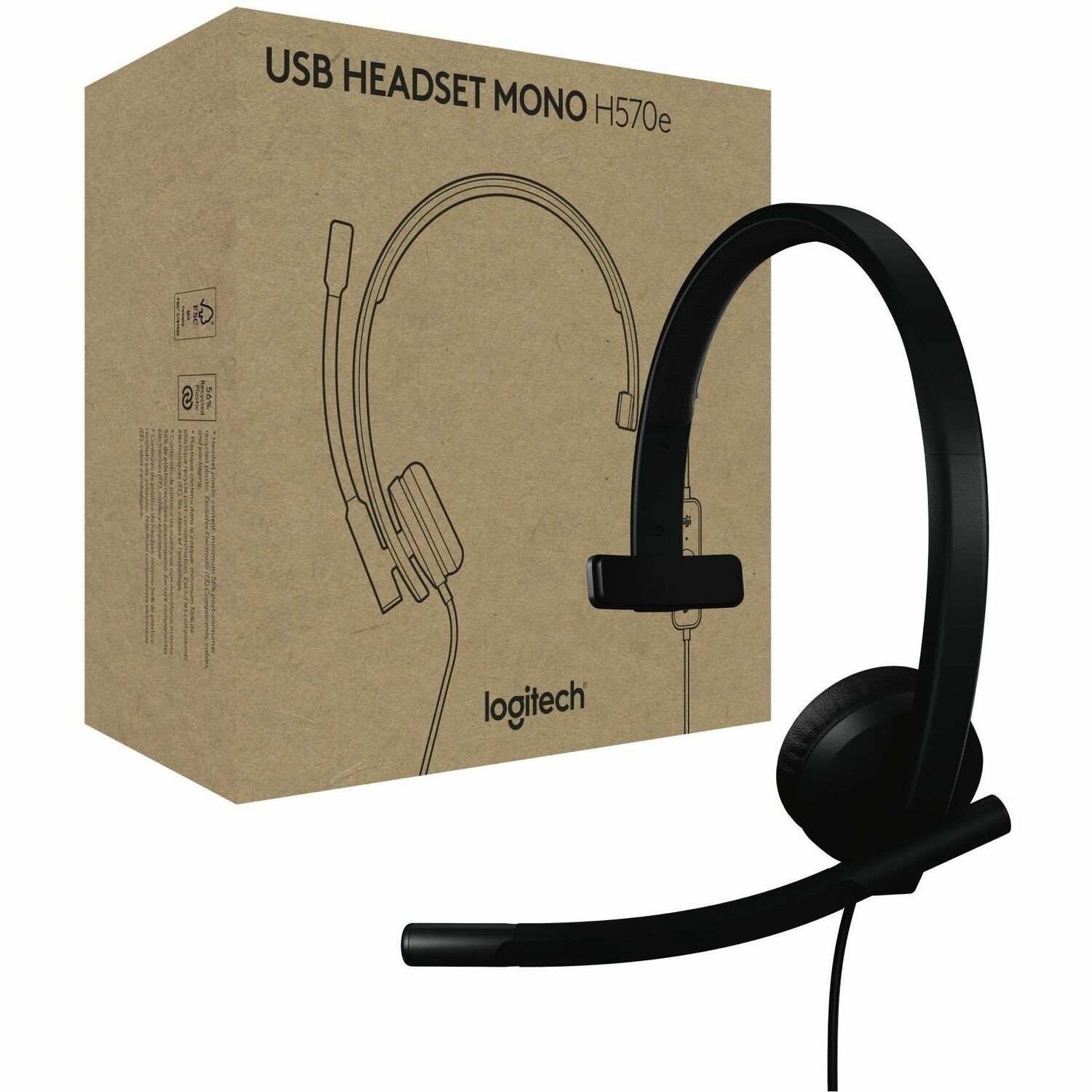 Logitech H570e USB Wired Mono Headset, USB-A, Noise-Canceling Mics, Inline Controls, Certified for Microsoft Teams, Black