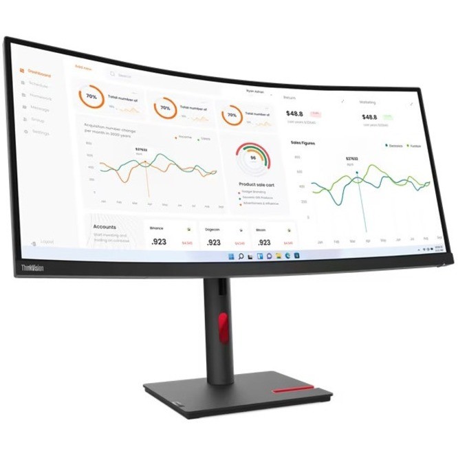 Lenovo T34w-30 34" WQHD Curved Monitor,DP,HDMI,USB-C,LAN,4xUSB,H/Adjst,Tlt,Swvl