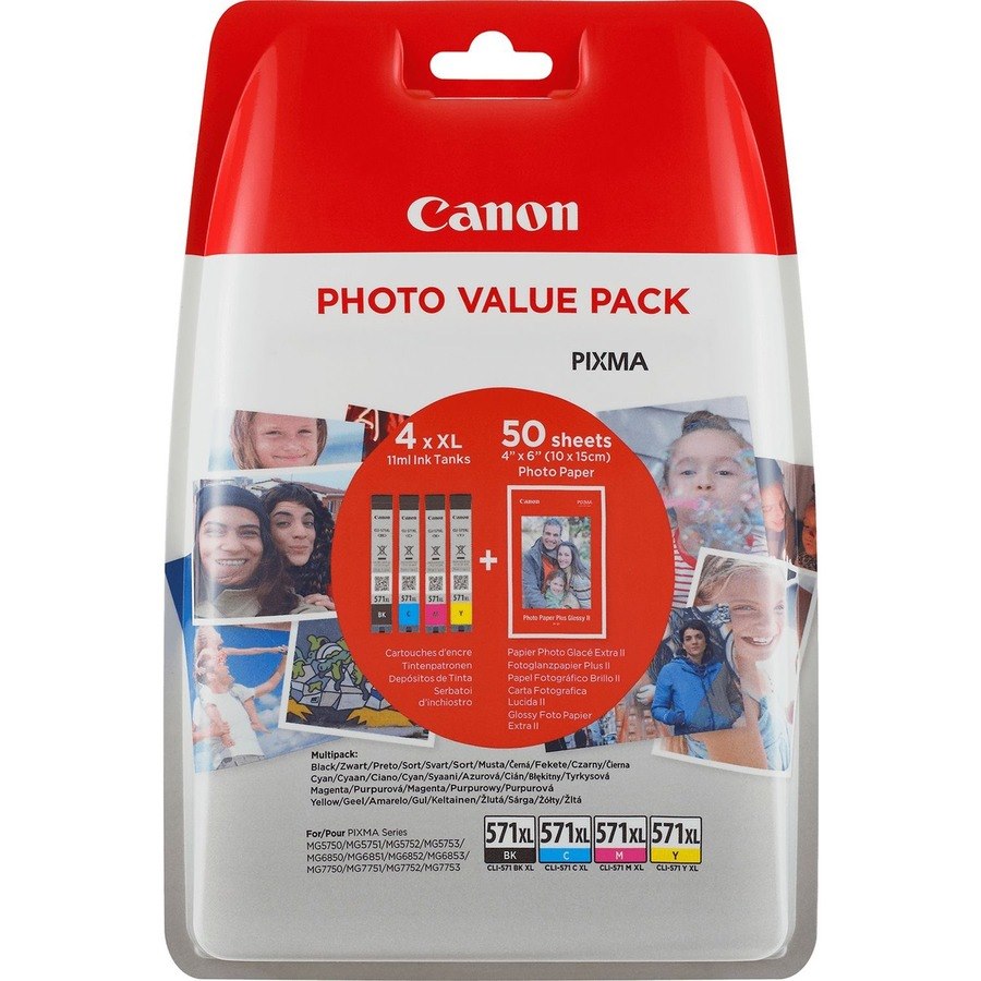 Canon CLI-571XL Original High (XL) Yield Inkjet Ink Cartridge/Paper Kit - Value Pack - Cyan, Magenta, Yellow - 4 / Pack
