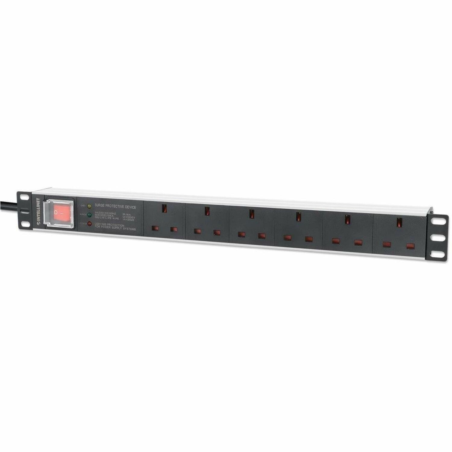 19" 1U PDU 6-way UK, With switch and Surge Protection, Rackmount, Power Distribution Unit, UK 3-pin outlets, 3m power cord, output