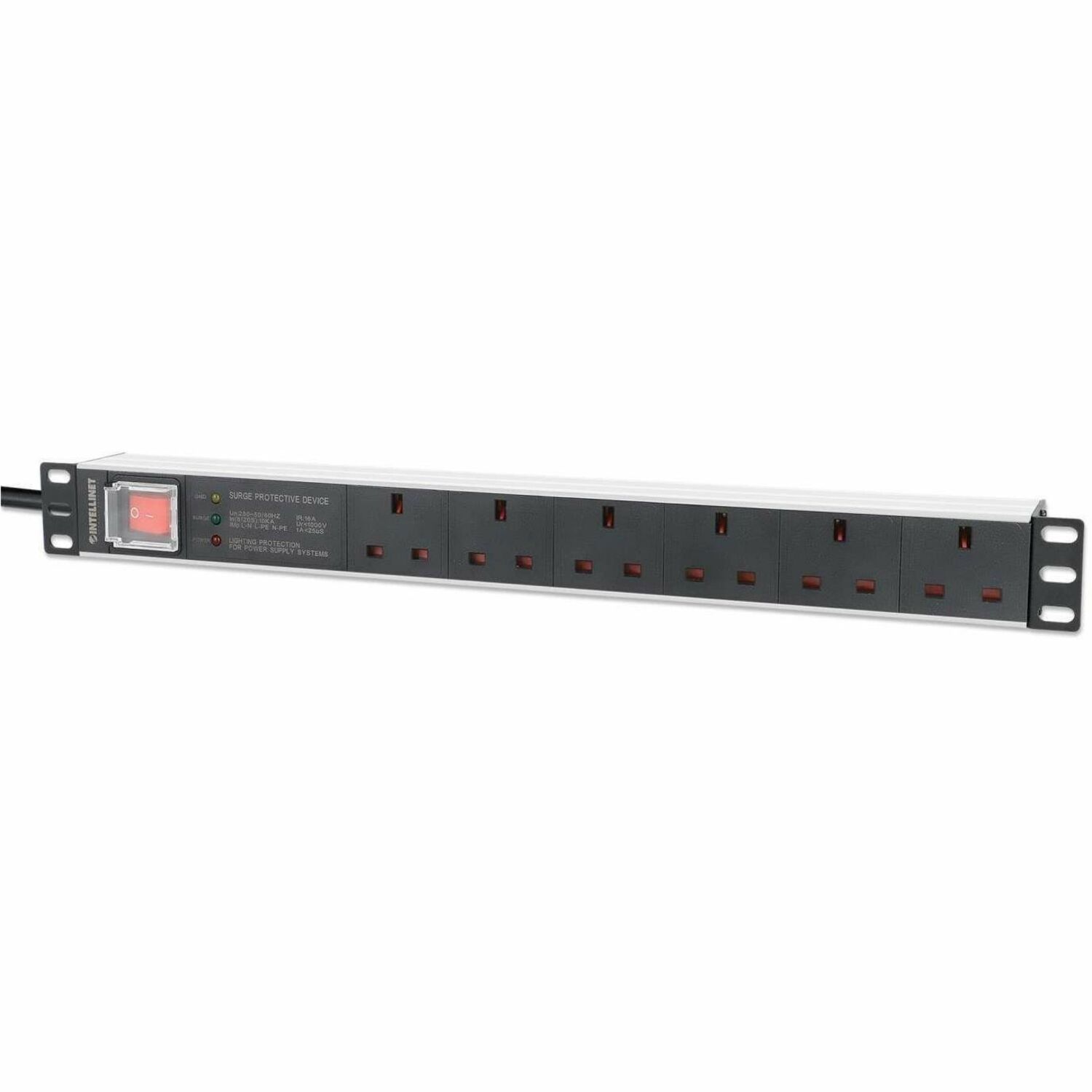 19" 1U PDU 6-way UK, With switch and Surge Protection, Rackmount, Power Distribution Unit, UK 3-pin outlets, 3m power cord, output