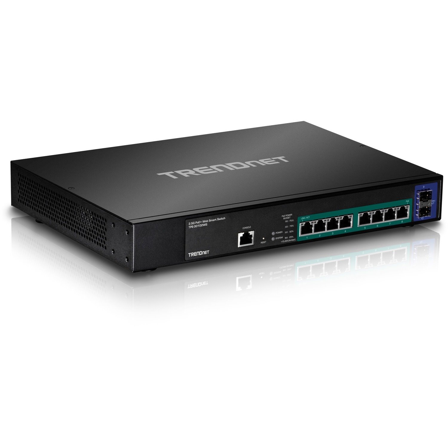 TRENDnet 10-Port 2.5GBASE-T Web Smart PoE+ Switch; 8 x 2.5GBASE-T RJ-45 PoE+; 2 x 10G SFP+ Slots; 240W PoE Power Budget; Ethernet Managed Switch; 1U Rack Mountable; Lifetime Protection; TPE-30102WS