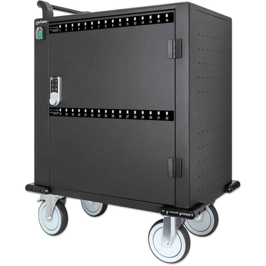 iPad to 13", MacBook Air to 13" & Chromebook to 14" 32-bay Charging Trolley/Cart, Also other tablets/smartphones (with device to USB-C cable), Bays 330x22x235mm, Device charging cables not included (suggest Manhattan USB-C cable code 356213),Cabinet, Lock