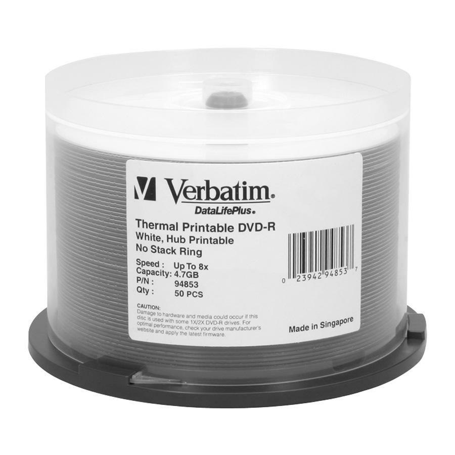 Verbatim DVD-R 4.7GB 8X DataLifePlus White Thermal Printable, Hub Printable - 50pk Spindle