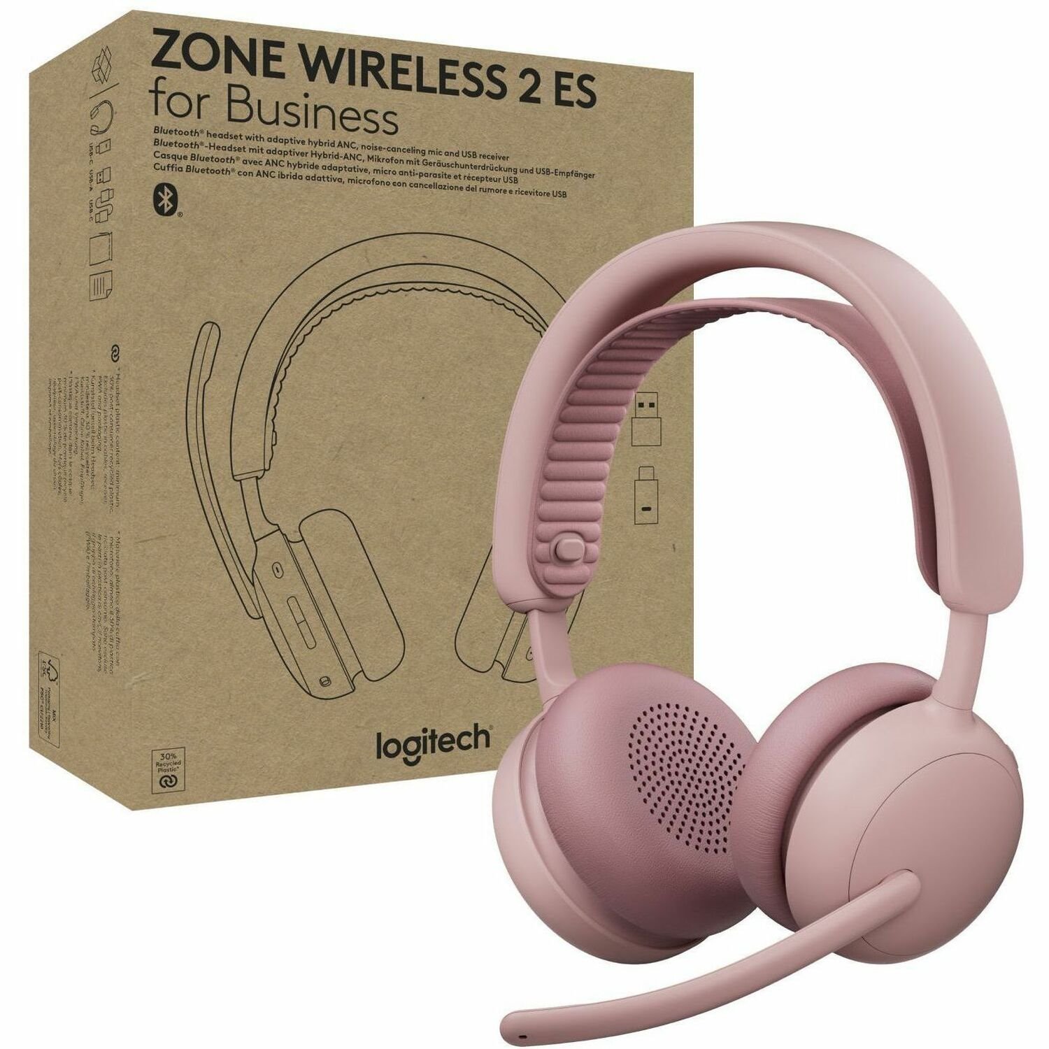 Logitech Zone Wireless 2 ES for Business - Noise-Canceling Wireless Headset with Adaptive Hybrid ANC, Microsoft Teams Certified, USB-C & USB-A, Rose