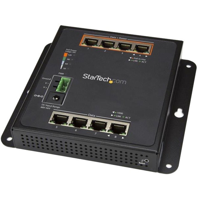 StarTech.com Industrial 8 Port Gigabit PoE Switch - 4 x PoE+ 30W - Power Over Ethernet GbE Layer/L2 Managed Network Switch -40C to +75C