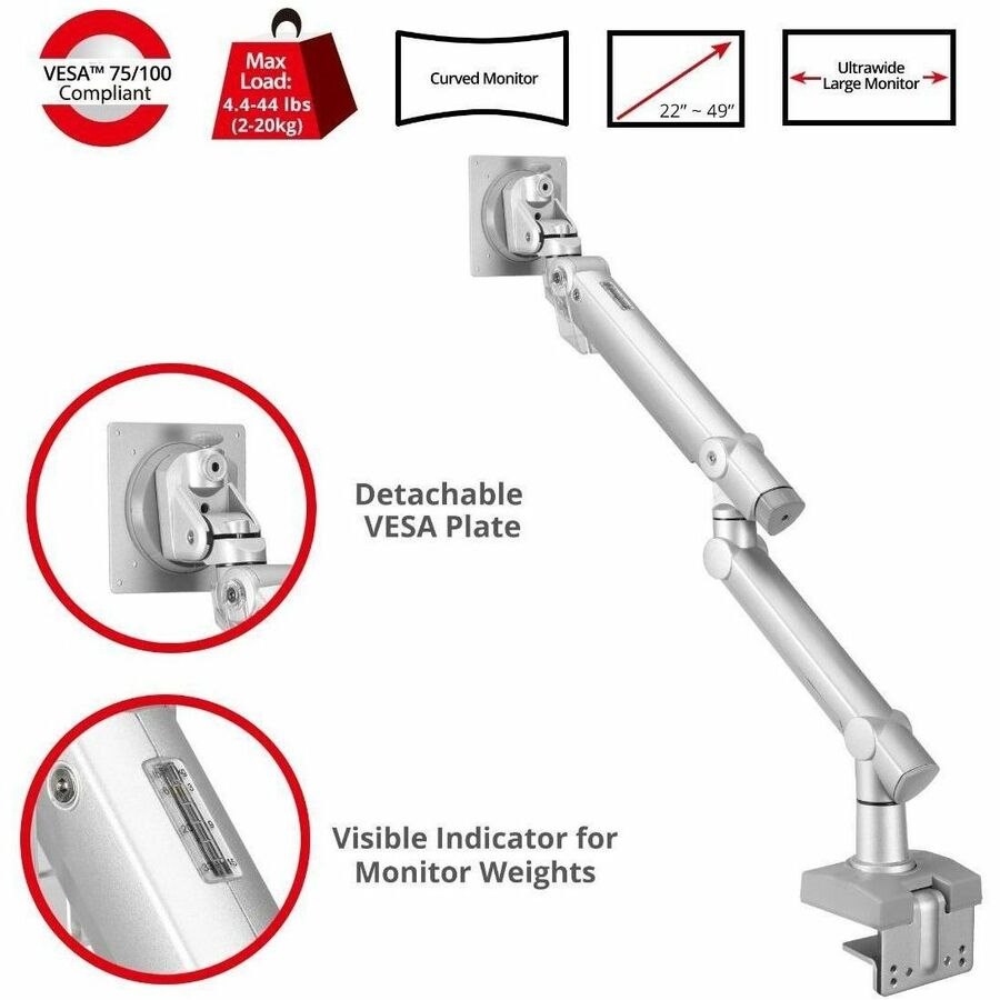 SIIG MTPRO Heavy Duty Desk Mount Single Monitor Arm - Up to 49"- Max load up to 44 lbs - VESA 75 & 100mm