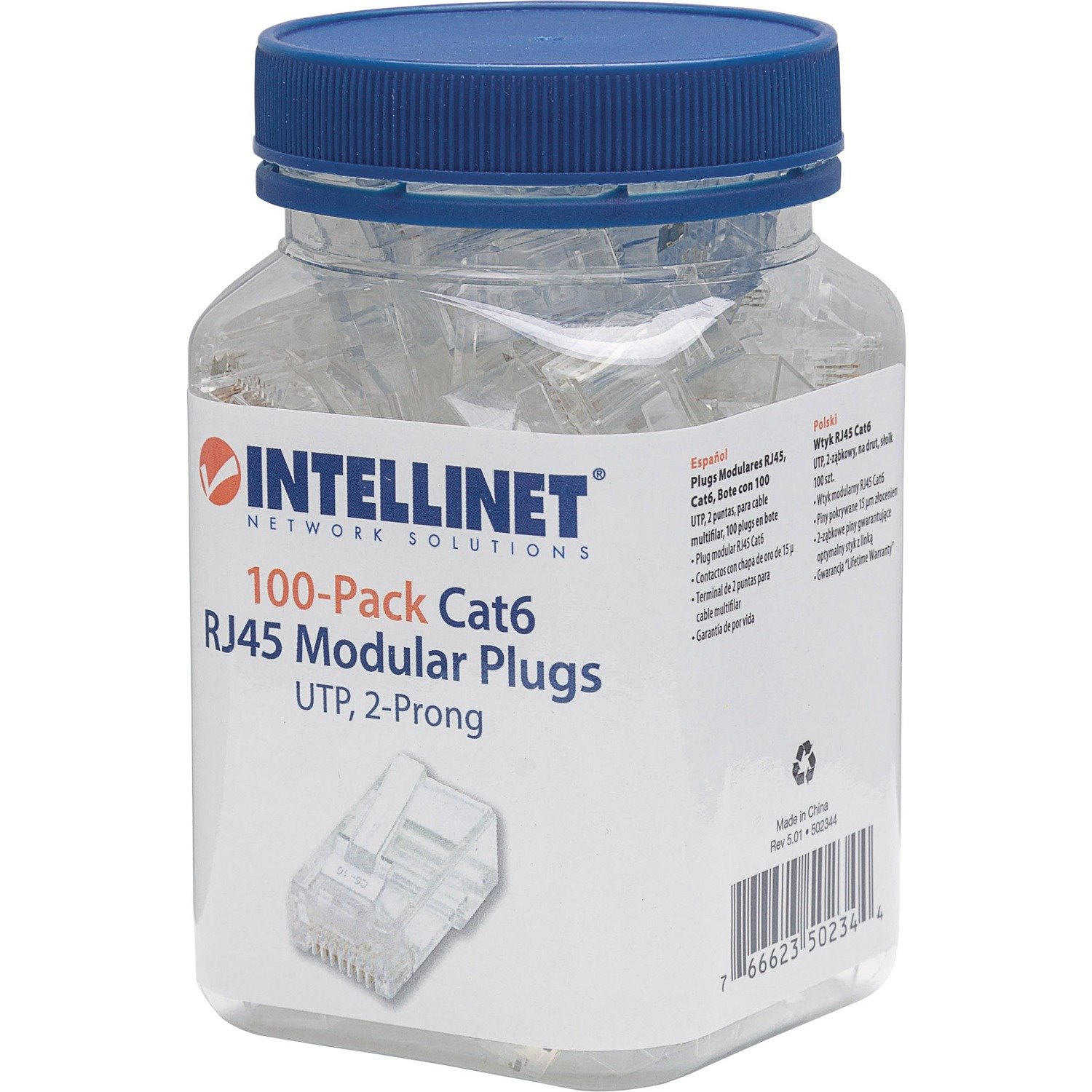 Intellinet Network Solutions Cat6 RJ45 Modular Plugs, 2-Prong, UTP, For Stranded Wire, 100 Plugs in Jar