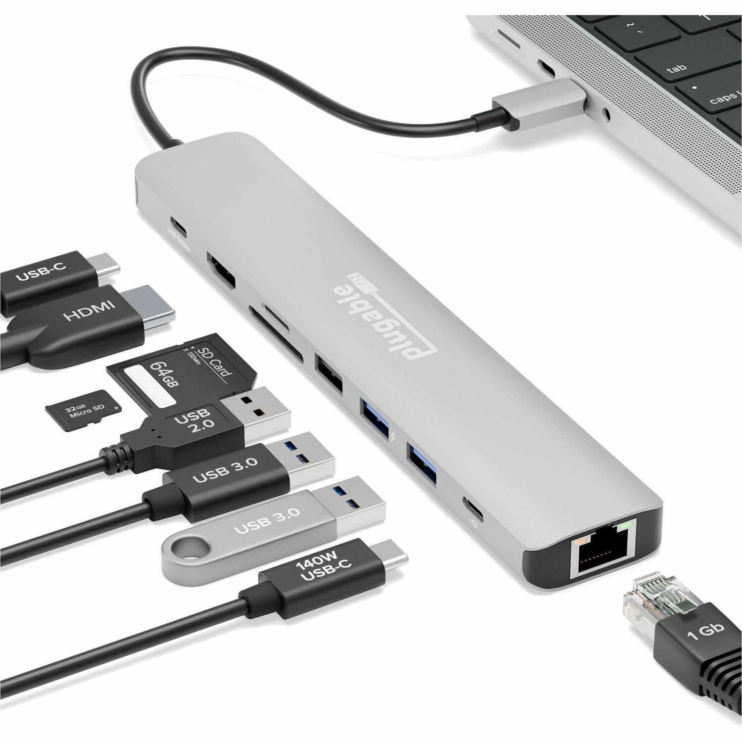 Plugable USB C Hub Multiport Adapter (9-in-1) 140W Power Delivery Charging, 4K 60Hz HDMI