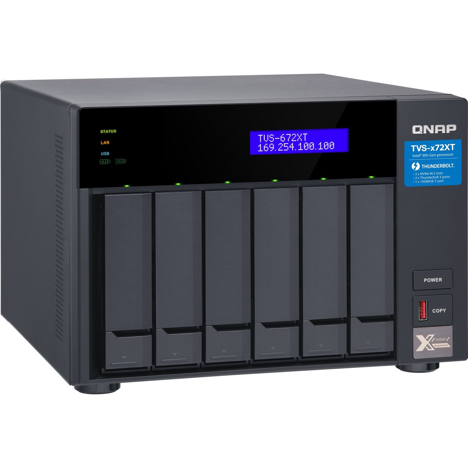 QNAP TVS-672XT-I3-8G 6 x Total Bays SAN/NAS/DAS Storage System - 4 GB Flash Memory Capacity - Intel Core i3 i3-8100T Quad-core (4 Core) 3.10 GHz - 8 GB RAM - DDR4 SDRAM Tower