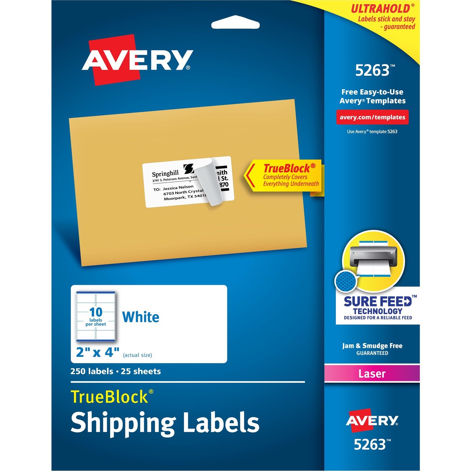 Avery&reg; Shipping Labels, Sure Feed&reg;, 2" x 4" , 250 Labels (5263)