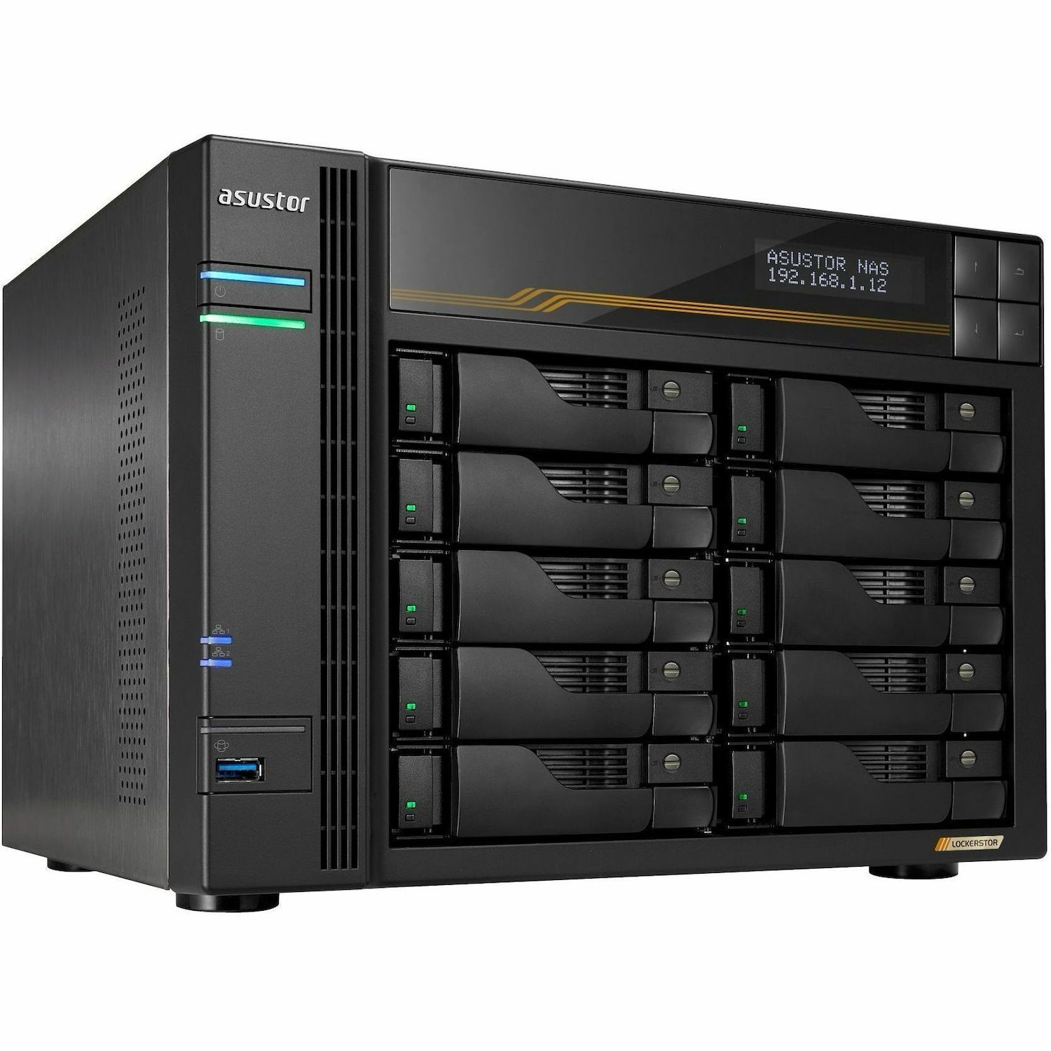 Asustor Lockerstor 10 Gen3 AS6810T 10 Bay NAS, AMD Ryzen Quad-Core 2.3 GHz, 16GB RAM ECC DDR5, 4 M.2 NVMe Slots, Dual 5GbE and Dual 10GbE Port, USB4 Type-C, Network Attached Storage (Diskless)