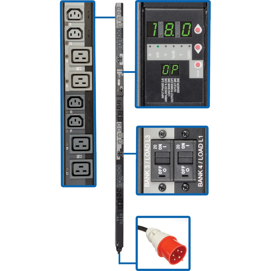 Tripp Lite by Eaton 17.3kW 3-Phase Switched PDU, 220-240V Outlets (12 C13 & 12 C19), IEC309 30A Red 380-415V Input, 6 ft. (1.83 m) Cord, 0U Vertical