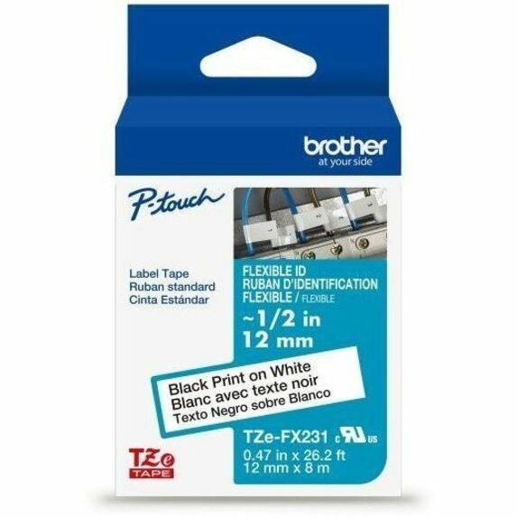 Brother Genuine P-touch TZeFX231 BK on WHT Label Tape, Flexible ID Laminated, 12mmX8m