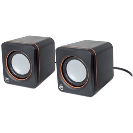 Manhattan 2600 Series Speaker System, Small Size, Big Sound, Two Speakers, Stereo, USB power, Output: 2x 3W, 3.5mm plug for sound, In-Line volume control, Cable 0.9m, Black, Three Year Warranty, Box