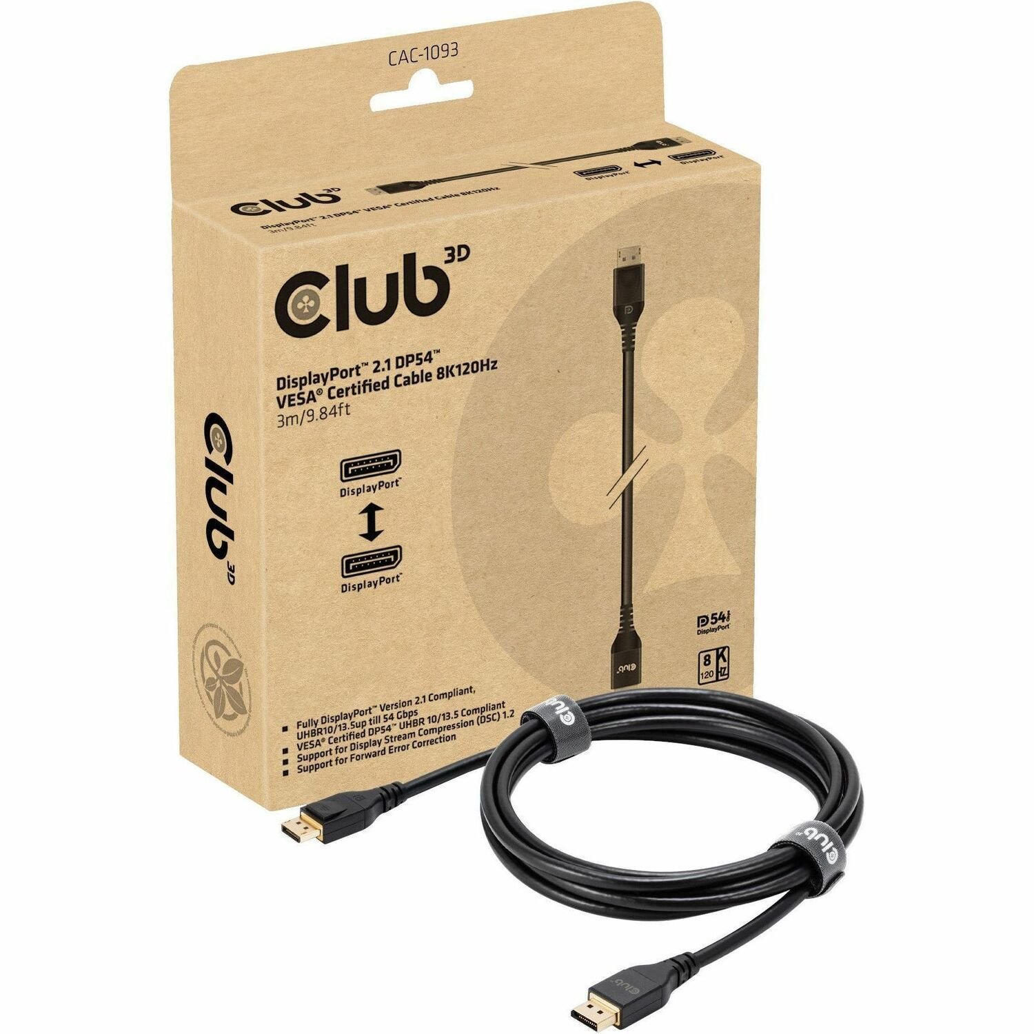 Club 3D DisplayPort 2.1 DP54 VESA Certified Cable 8K120Hz 3m/9.84ft