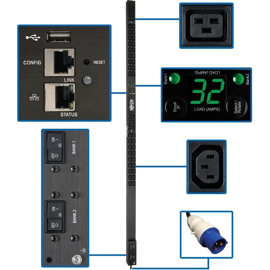 Eaton Tripp Lite Series 7.7kW Single-Phase Monitored PDU, LX Interface, 200-240V Outlets (36 C13/6 C19), IEC 309 32A Blue, 10 ft. (3.05 m) Cord, 0U 1.8m/70 in. Height, TAA