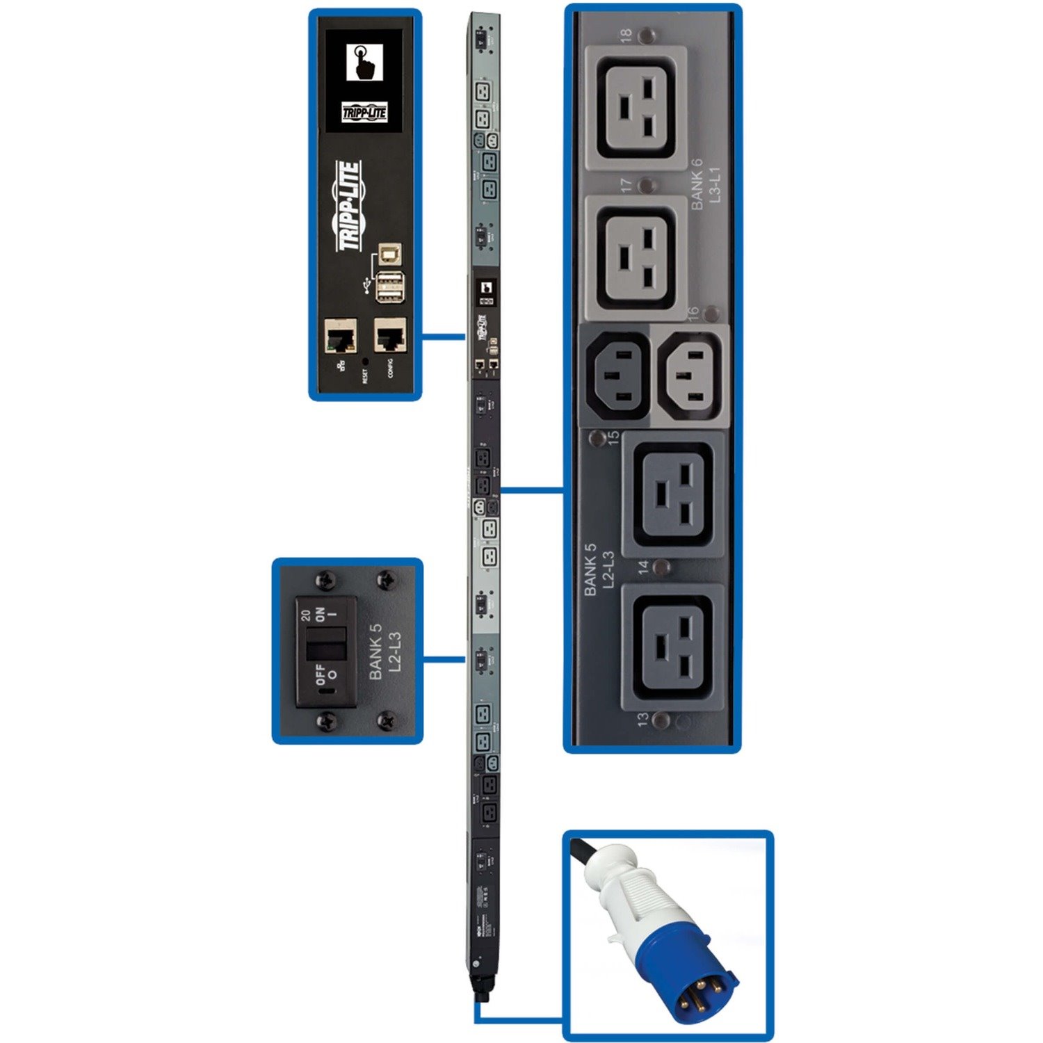 Eaton Tripp Lite Series 16.2kW 208V 3PH Monitored Per-Outlet PDU - LX Interface, Gigabit, 18 Outlets, IEC 309 60A Blue Input, LCD, 1.8 m Cord, 0U 1.8 m Height, TAA