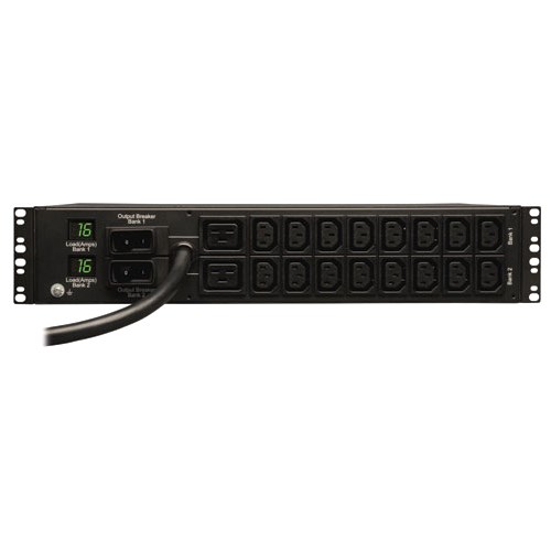 Eaton Tripp Lite Series 7.4kW Single-Phase Local Metered PDU, 230V Outlets (2-C19, 16-C13), IEC-309 230V 32A Blue, 12 ft. (3.66 m) Cord, 2U Rack-Mount, TAA