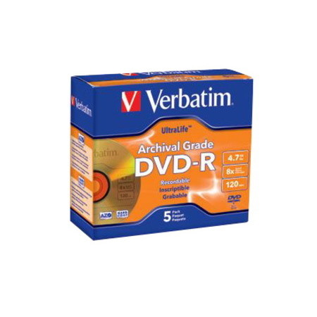 Verbatim DVD-R 4.7GB 16X UltraLife Gold Archival Grade with Branded Surface and Hard Coat - 5pk Jewel Case