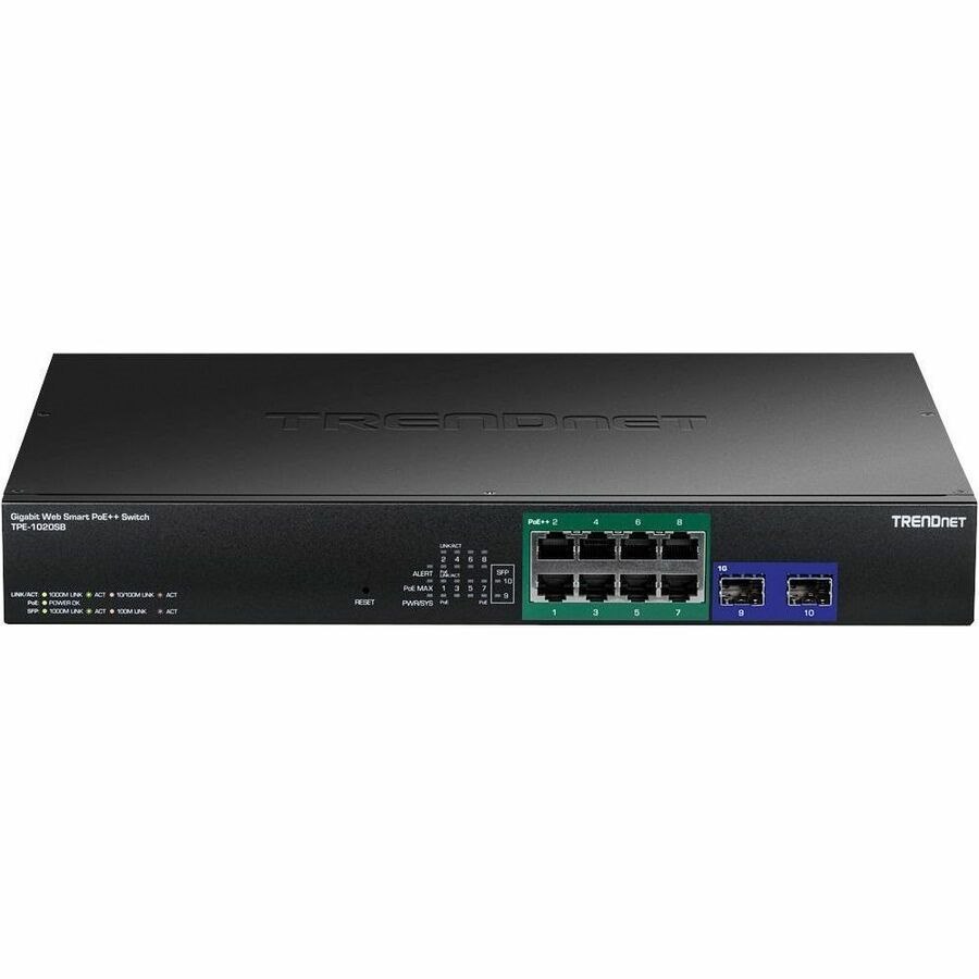 TRENDnet 10-Port Gigabit Web Smart PoE++ Switch, TPE-1020SB, 8 x Gigabit 95W PoE++ Ports, 2 Gigabit SFP Ports, 180W PoE Power Budget, Lifetime Protection, Black