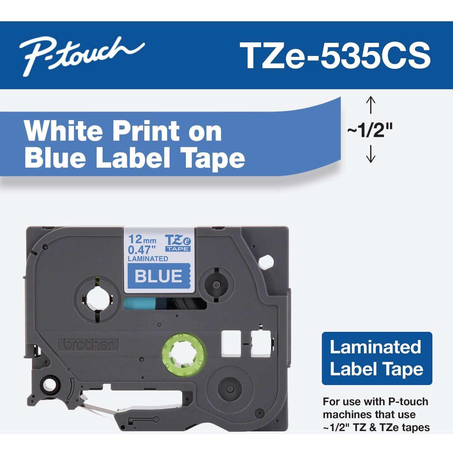 Brother TZe-535CS, 0.47" x 26.2', White on Blue Laminated Label Tape