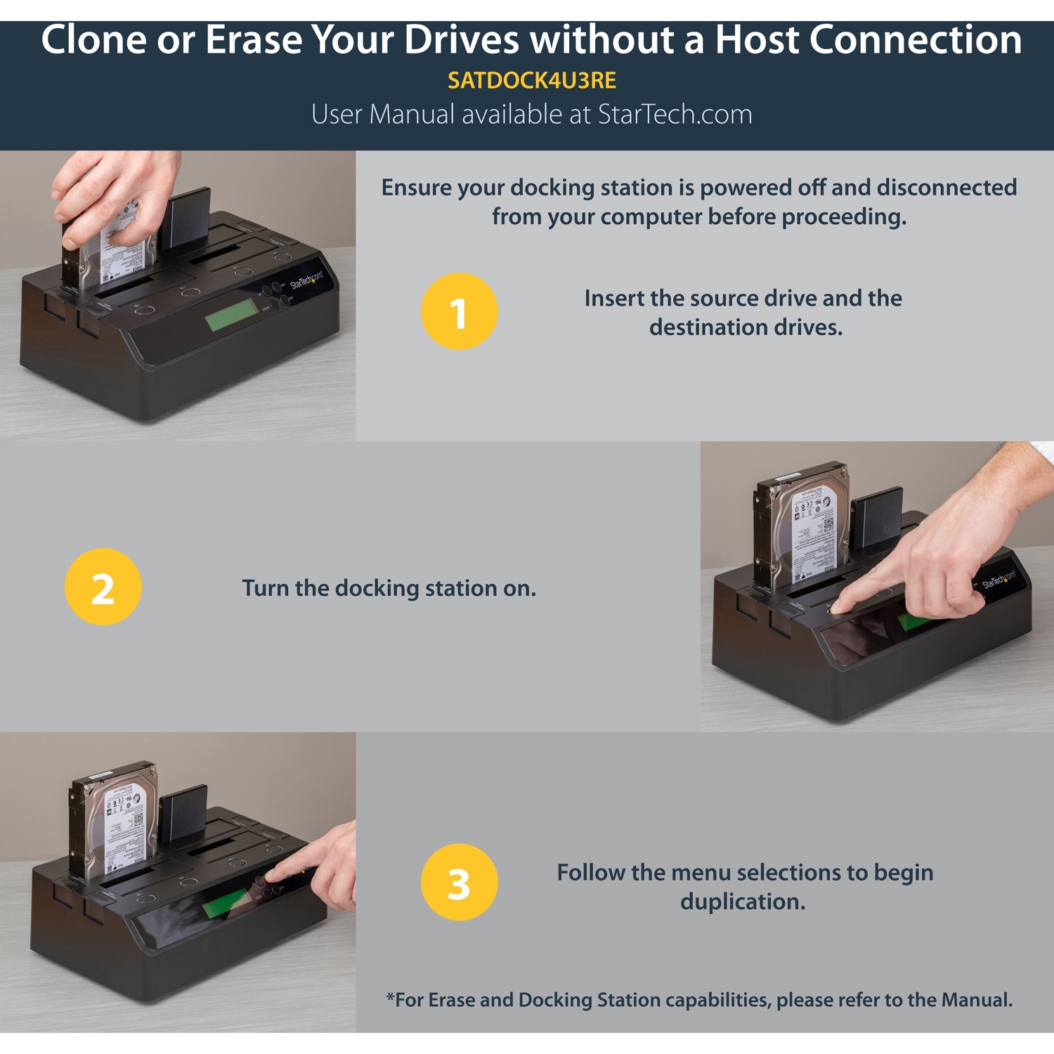 StarTech.com 4-Bay Hard Drive Duplicator and Eraser, External HDD/SSD Cloner / Copier / Wiper Tool, USB 3.0/eSATA to SATA Docking Station