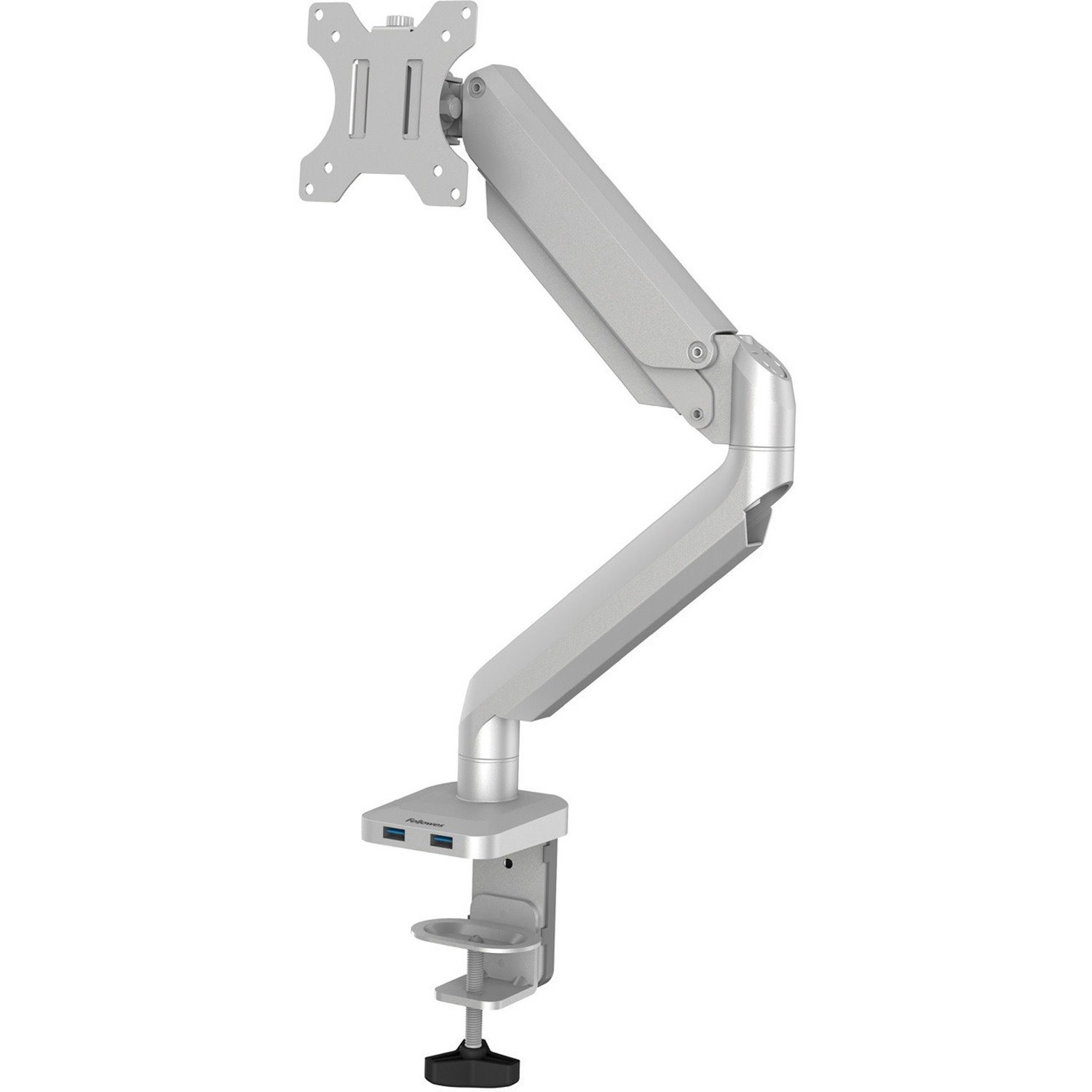 Fellowes Platinum Series High Quality Single Monitor Arm for 40-Inch Monitors, Full Motion, 360&deg; Rotation, VESA Mount with Grommet or Clamp, USB Ports, Ergonomic, Silver