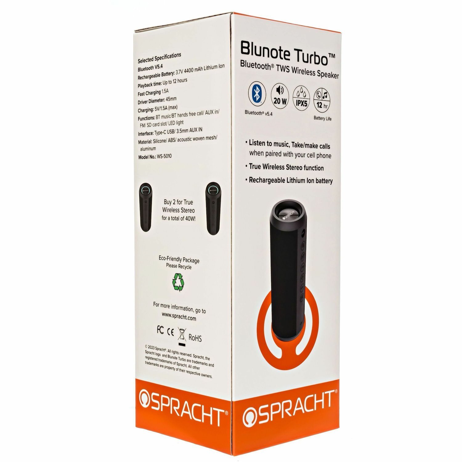 Spracht Blunote Turbo Portable Bluetooth Speaker System - 20 W RMS - Matte Black