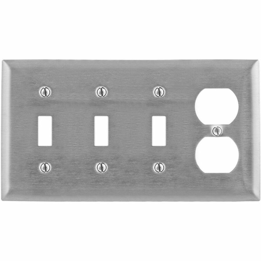Hubbell Wallplate, 4-G, Sw/Sw/Sw/Dup, SS