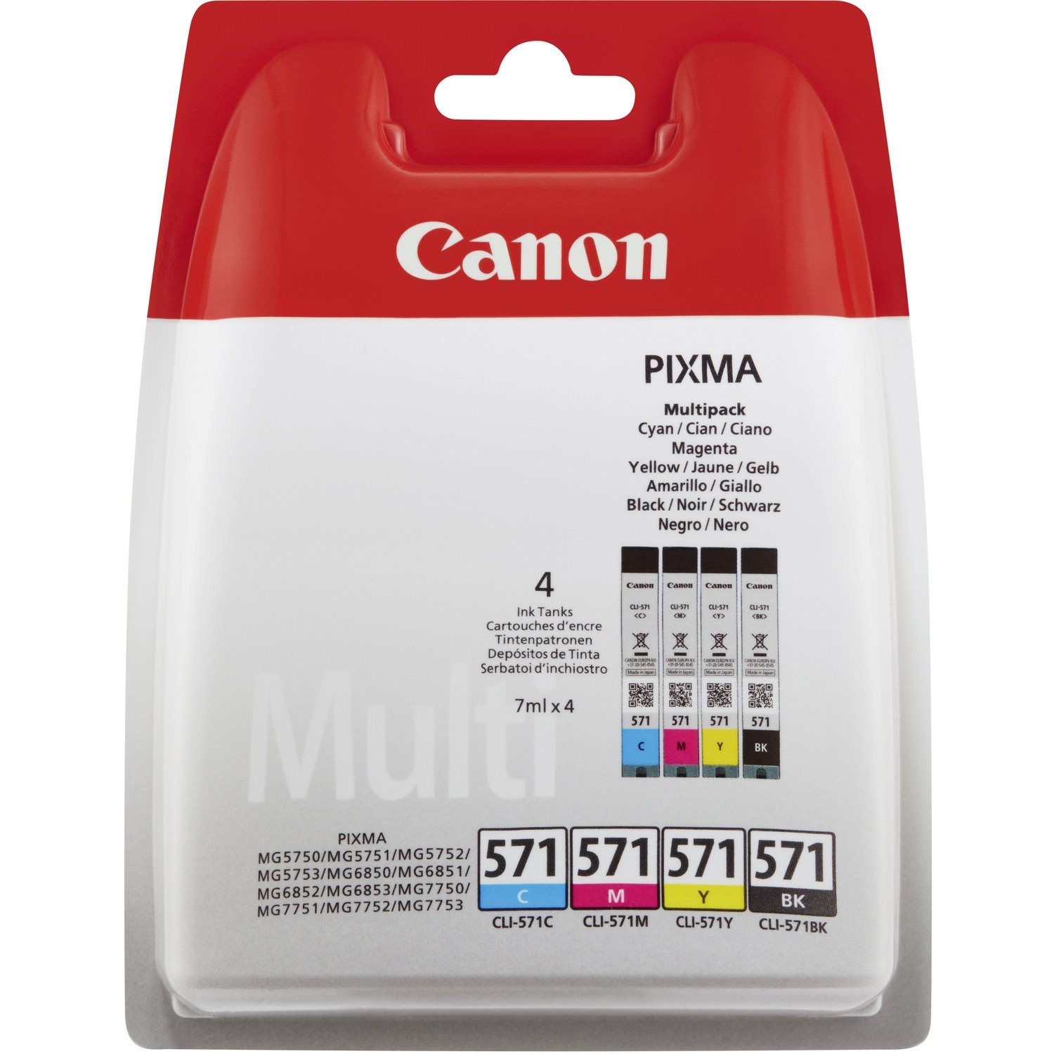 Canon CLI-571 Original Standard Yield Inkjet Ink Cartridge - Black, Cyan, Yellow, Magenta - 4 / Blister Pack